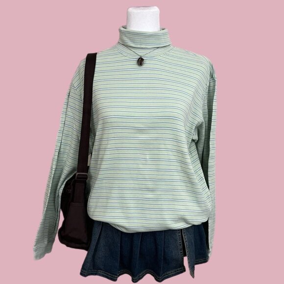 y2k green striped girly preppy granola knit turtleneck sweater top - Picture 1 of 8